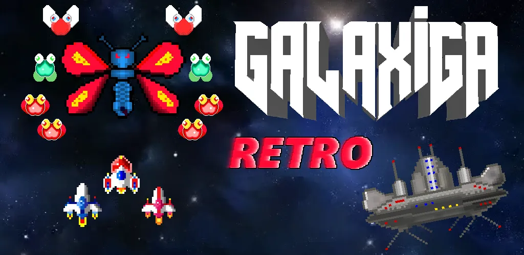 Скачать взлом Galaxiga Retro Arcade Action (Галаксига Ретро Аркейд Экшн)  [МОД Mega Pack] — последняя версия apk на Андроид screen 1